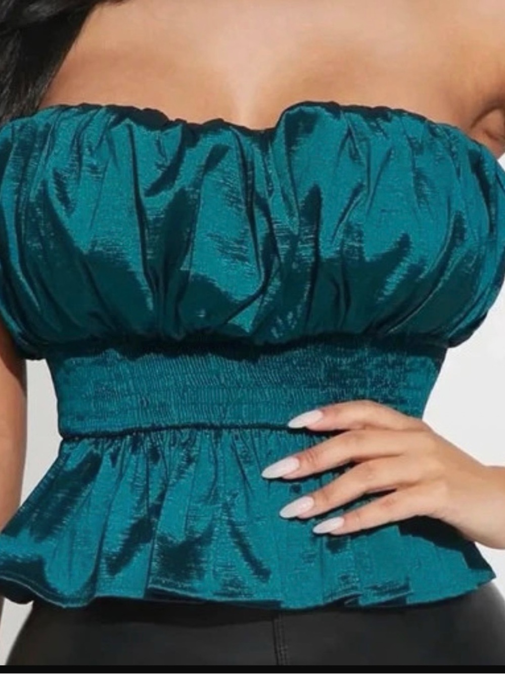 Fashion Nova Teal Shimmer Ruffle Satin Crop Top
